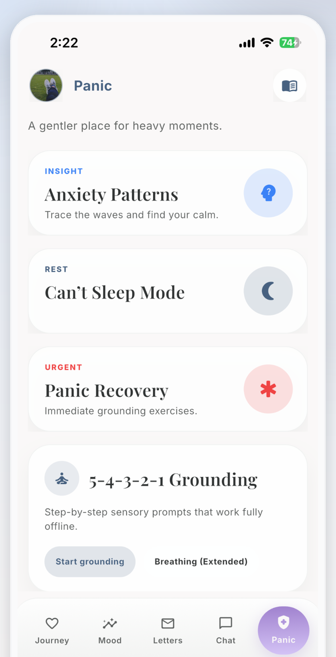Panic Recovery Studio with grounding and sleep tools in Unsent