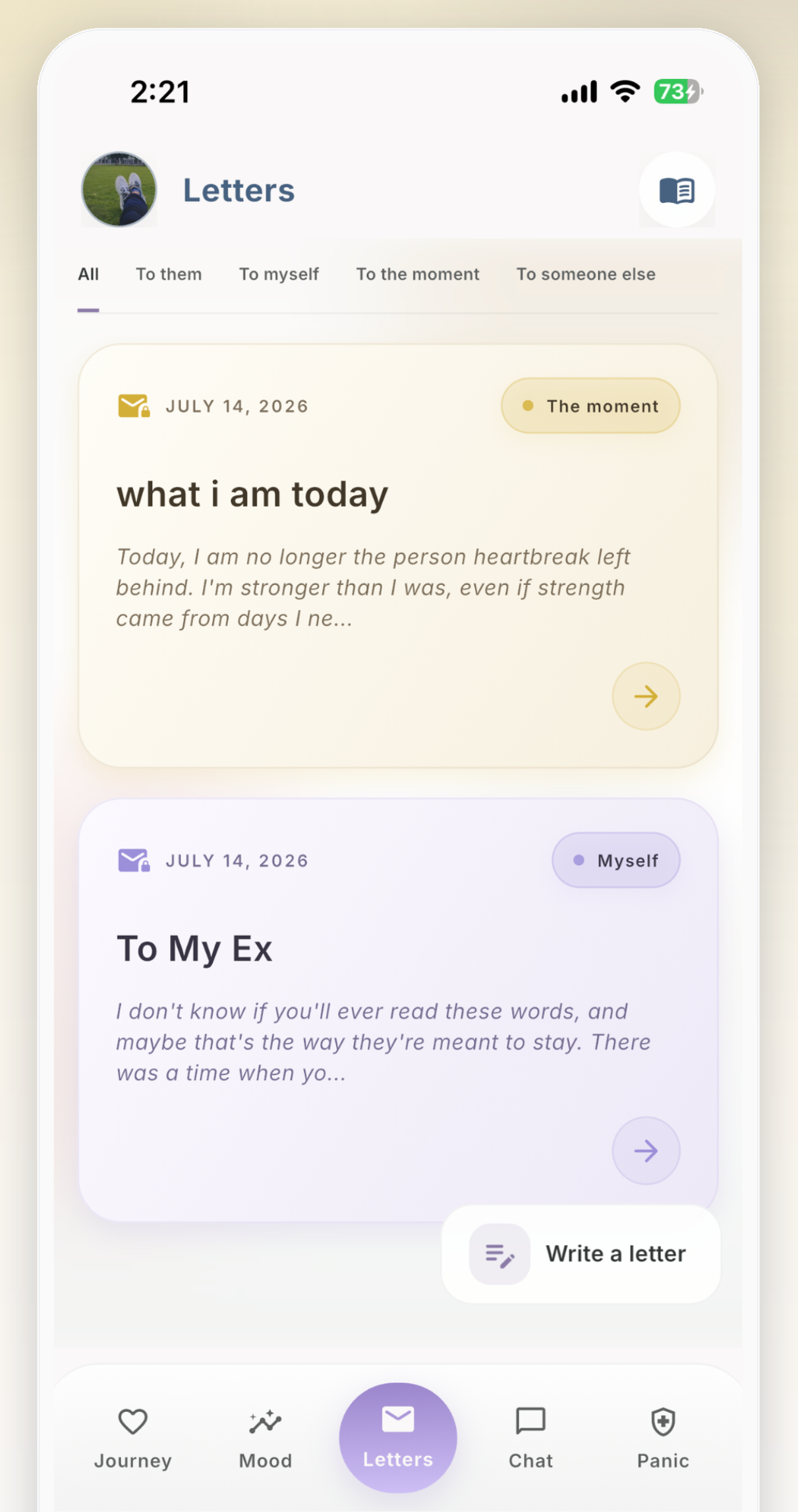 Private unsent letters inside the app