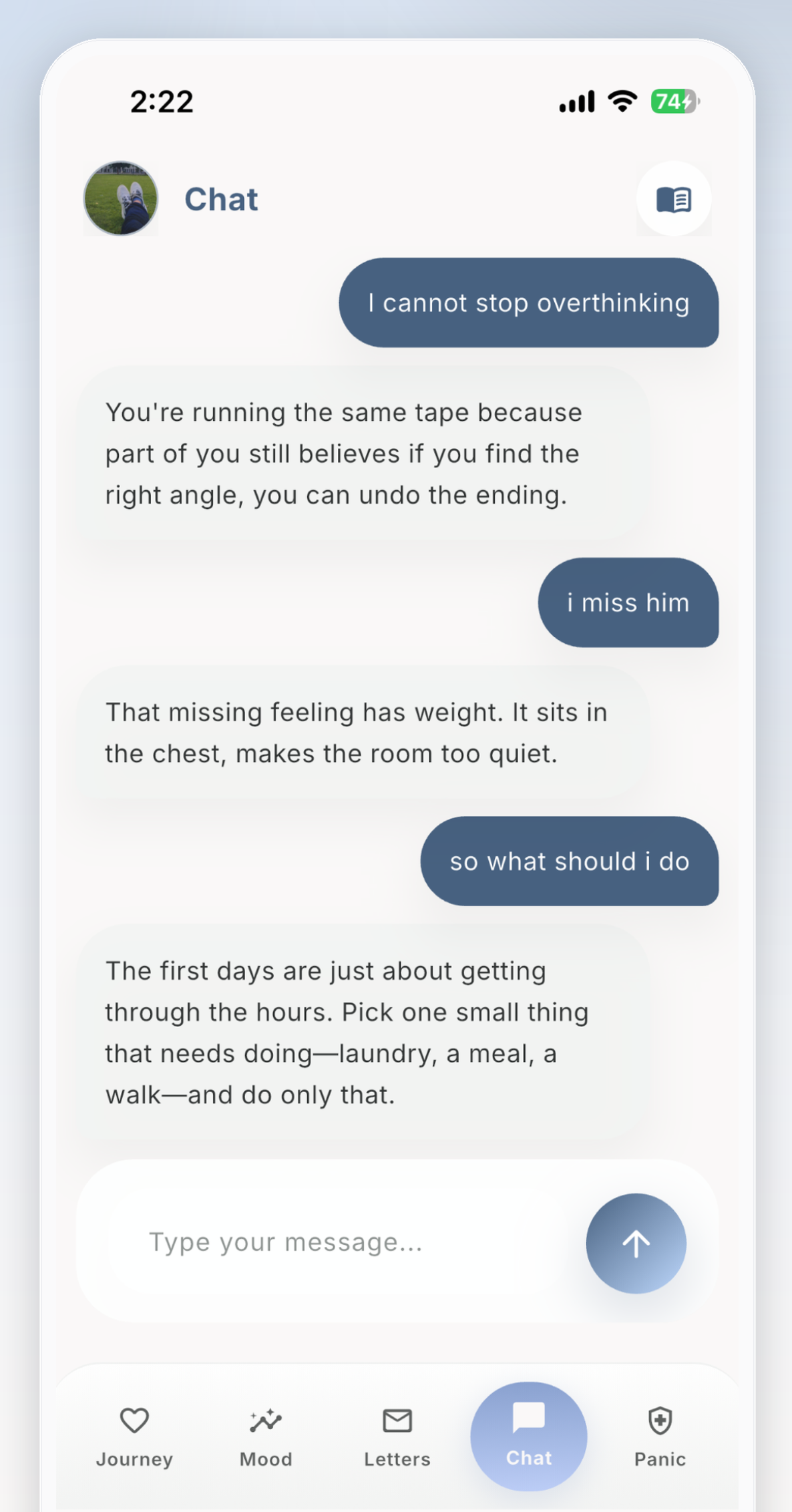Sage AI companion chat screen in Unsent